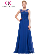 Grace Karin Plus Size Sleeveless V-Back Blue Chiffon Evening Dress for Fat Women CL007555-6